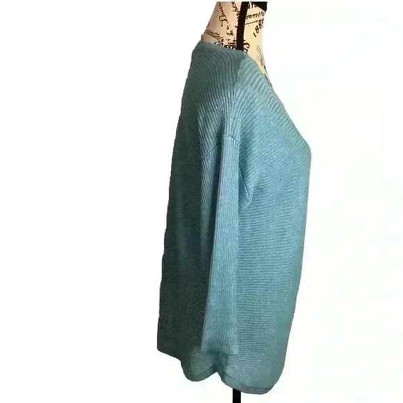 Chicos Size 1 Medium Sweater Turquoise Blue with Silver Strands Ribbed Knit - Picture 3 of 5